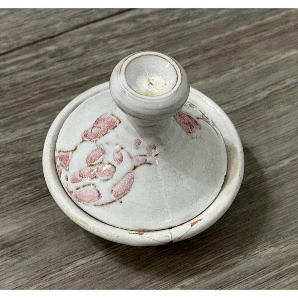 Vintage Small Clay Tagine White W/ Pink Flowers Handmade & Signed BROKEN - READ